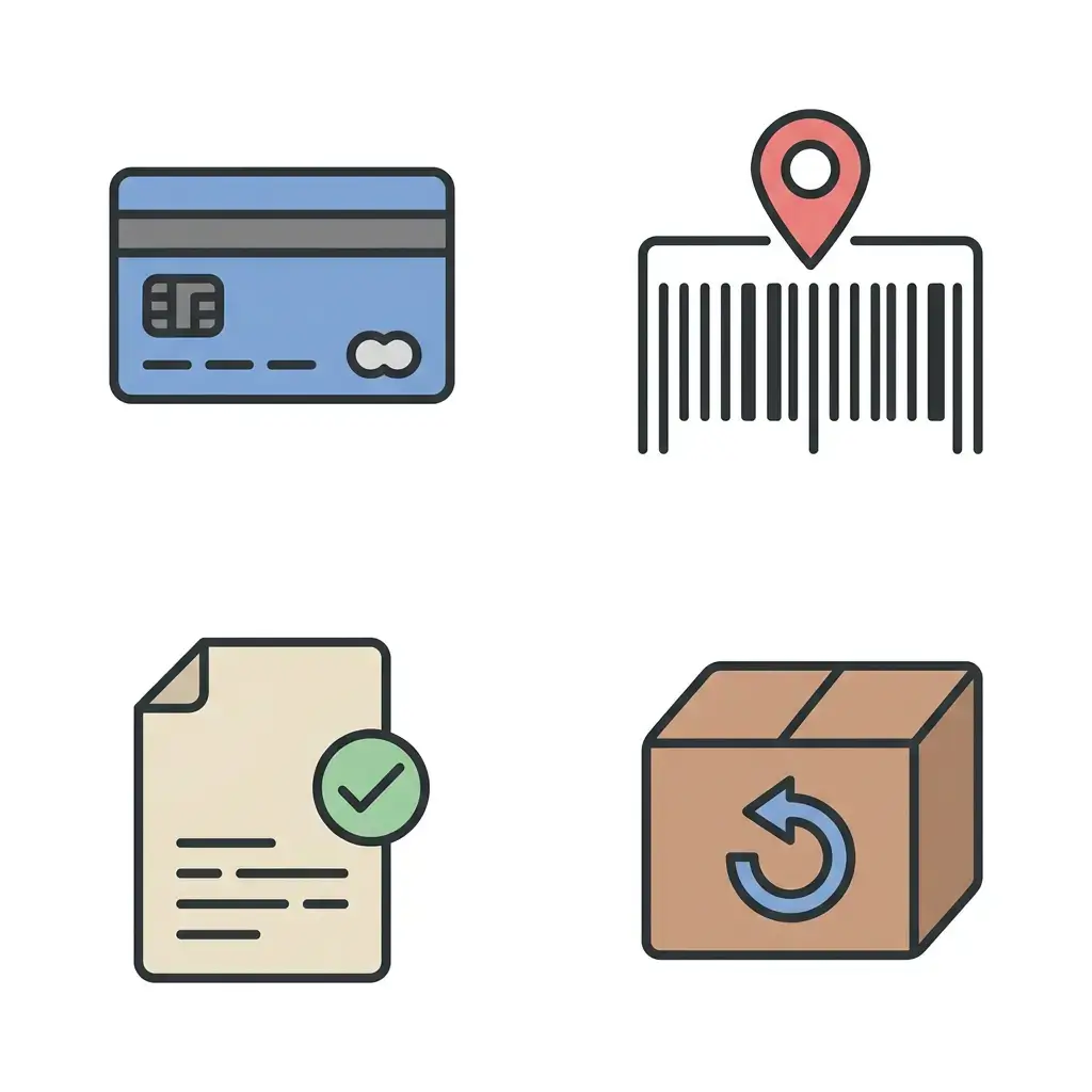 Four icon checklist illustration showing a credit card, a tracking number barcode, a return policy document, and a small test parcel, representing safe shopping habits for new online stores