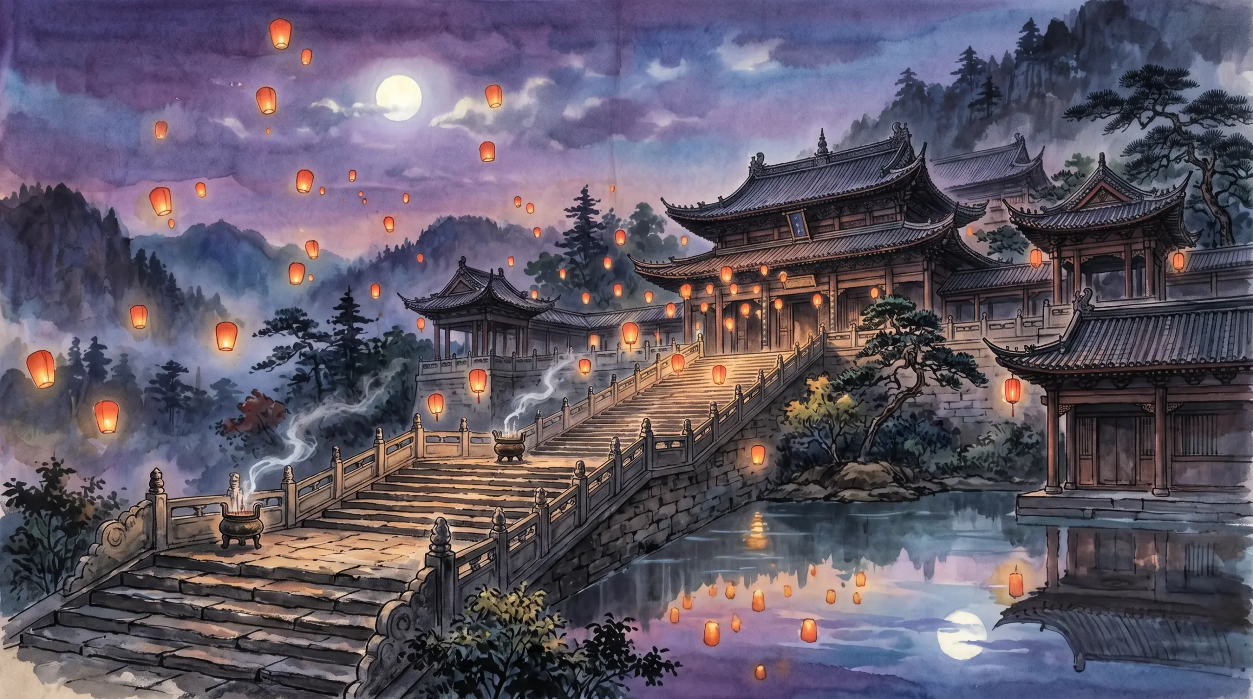 Hundreds of glowing paper lanterns floating above ancient Chinese temple steps at twilight during Ghost Month, incense smoke rising into a purple dusk sky, reflecting on a still lake below.