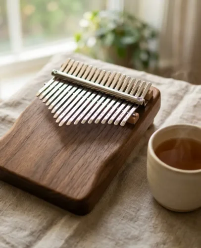 Handcrafted wooden kalimba thumb piano resting on a calm neutral surface A wooden kalimba thumb piano with metal tines held in two hands, soft natural light, calming relaxation setting
