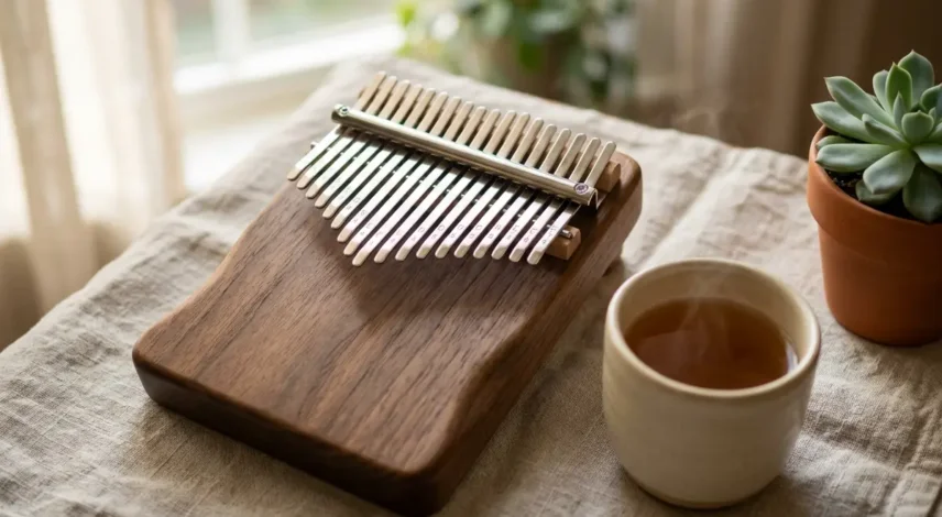 Handcrafted wooden kalimba thumb piano resting on a calm neutral surface A wooden kalimba thumb piano with metal tines held in two hands, soft natural light, calming relaxation setting
