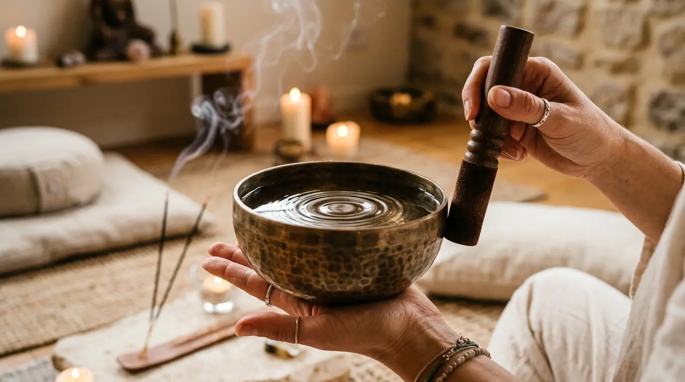 Hands rimming a bronze singing bowl with a wooden mallet, illustrating resonance and layered overtones during a sound bath