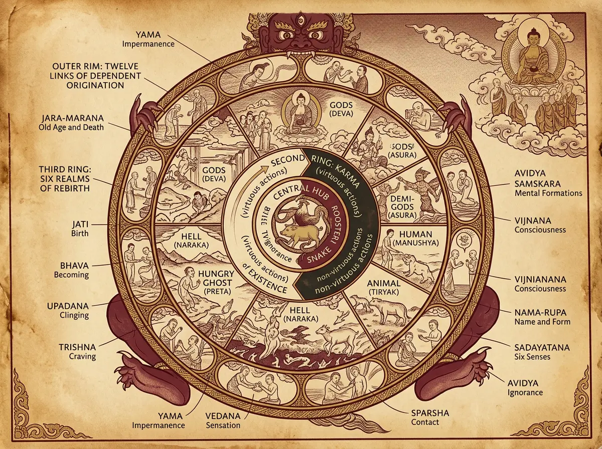 Annotated diagram showing how to read a Wheel of Life thangka from the central three poisons outward through the karma ring, six realms, and twelve links