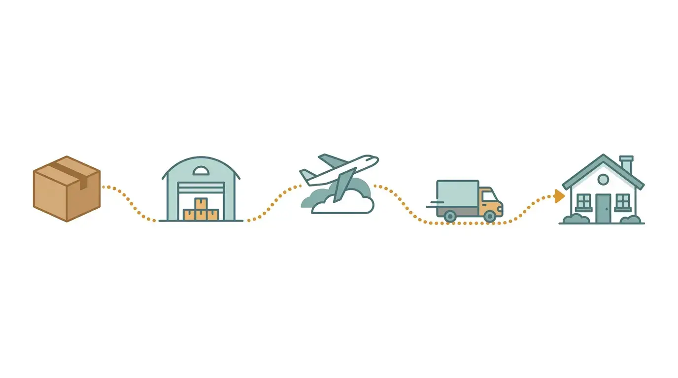Illustrated shipping journey showing a parcel moving from a warehouse through logistics checkpoints to a customer's door, representing 4PX tracked shipping