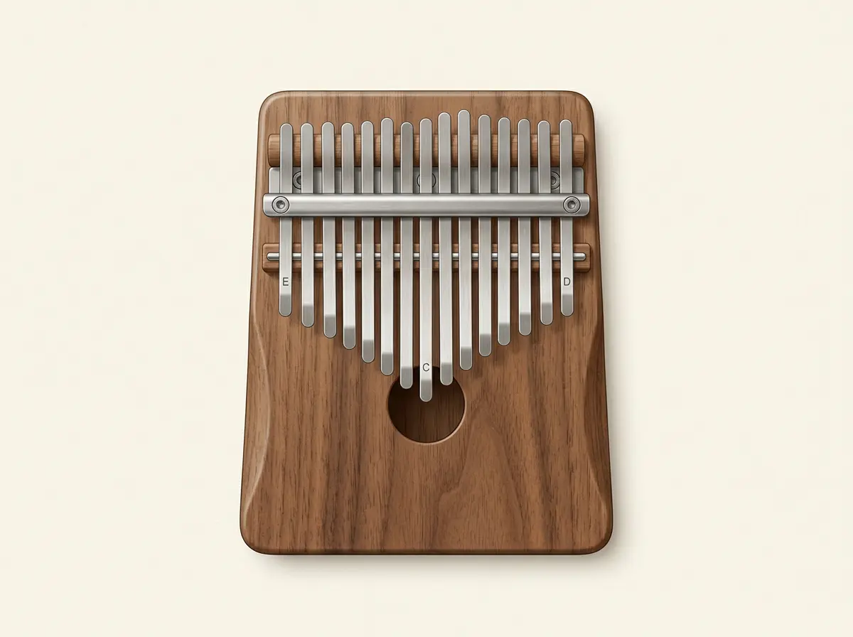 Diagram of a kalimba showing the metal tines, wooden resonator body, bridge, and how tine length controls pitch