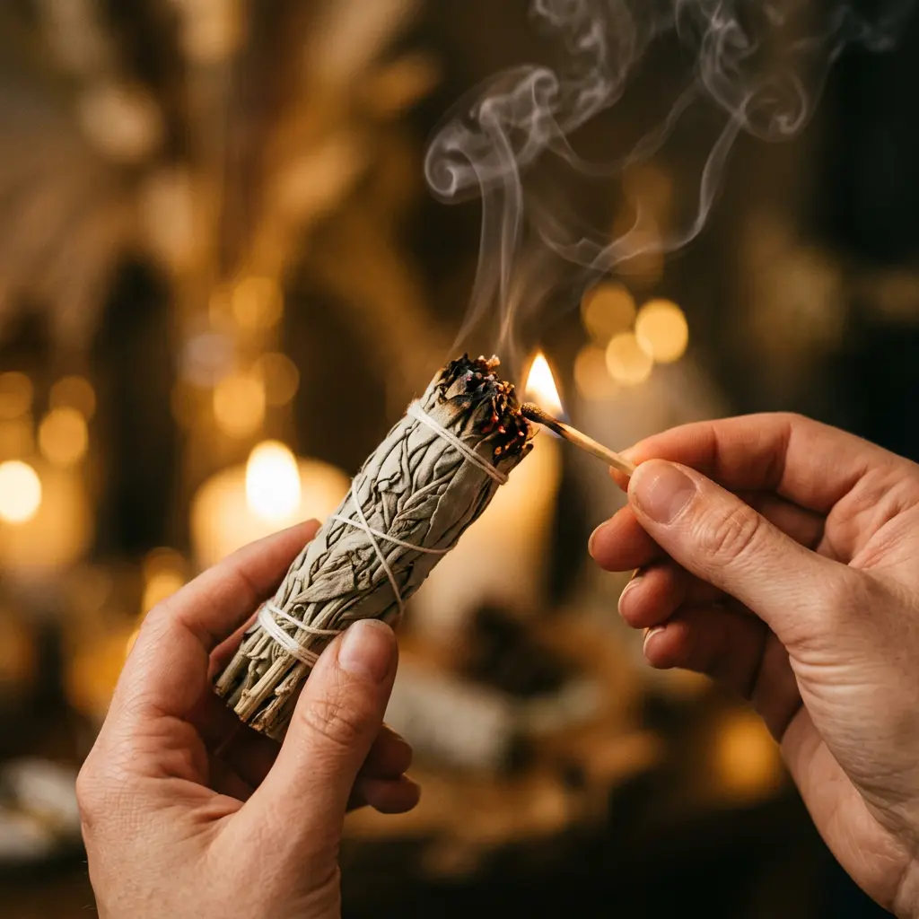 Close-up of two hands holding a white sage smudge stick at a 45-degree angle over a match flame, with thin smoke beginning to curl upward against a blurred warm background