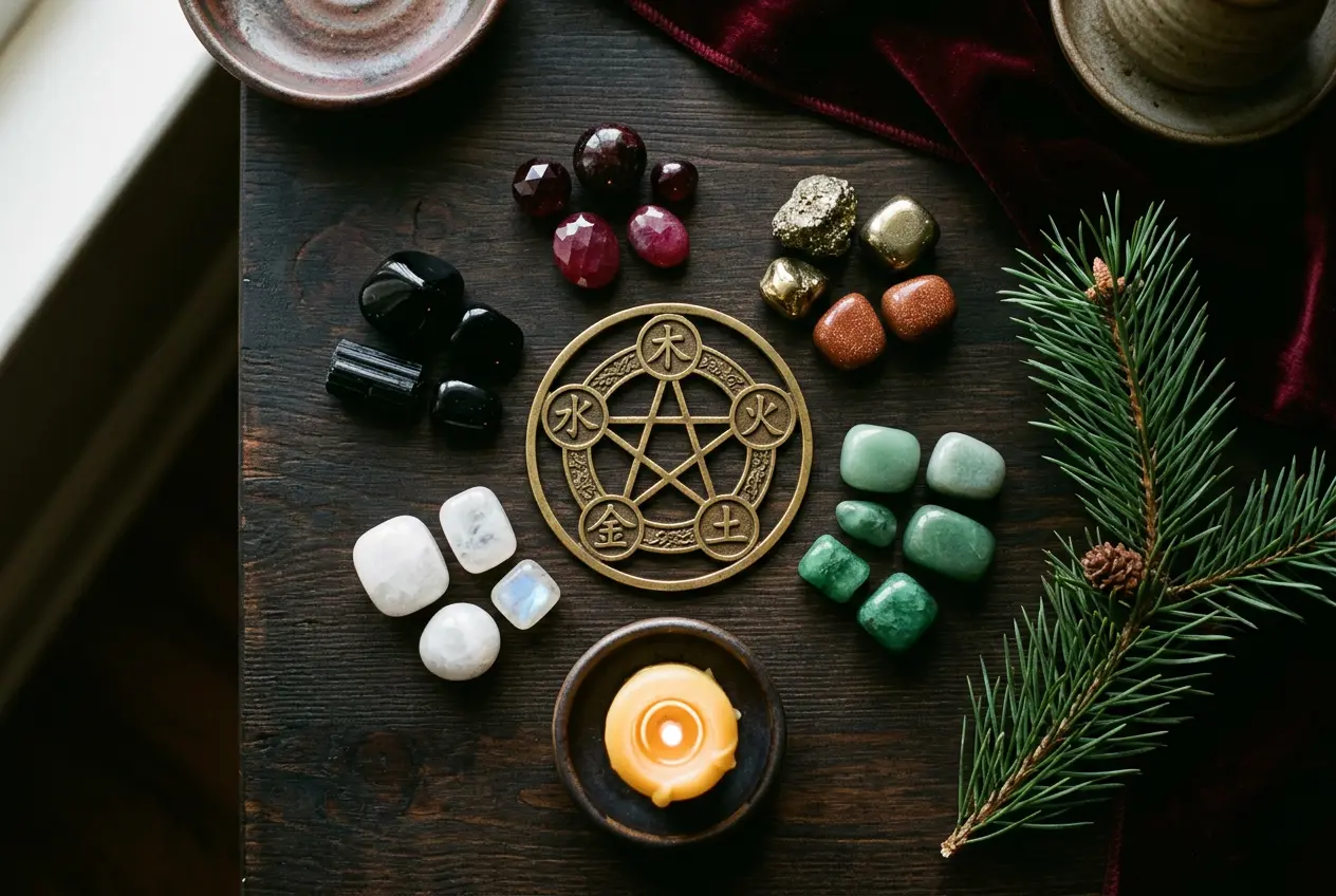 Red, gold, and green gemstones with Five Elements symbols, representing the lucky colors for the December 2026 Chinese horoscope.