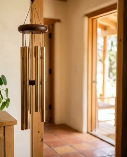 Metal Feng Shui Wind Chime Hanging by a Front Door Brass feng shui wind chime hanging beside an open front door, catching soft morning light and breeze