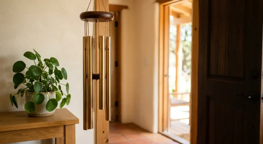 Metal Feng Shui Wind Chime Hanging by a Front Door Brass feng shui wind chime hanging beside an open front door, catching soft morning light and breeze
