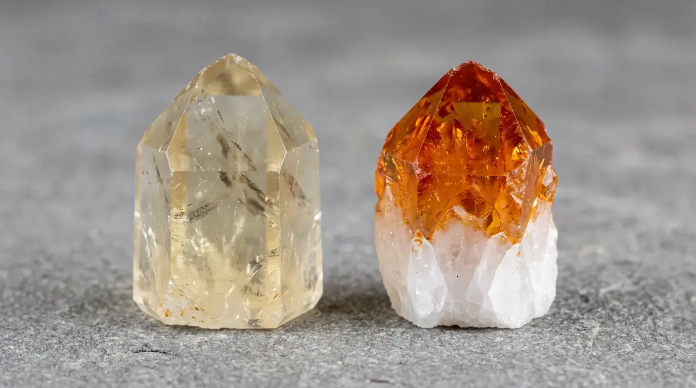 Side-by-side comparison of natural citrine (pale champagne-honey color) and heat-treated amethyst-citrine (vivid orange with white base), showing the visible color difference buyers should know.