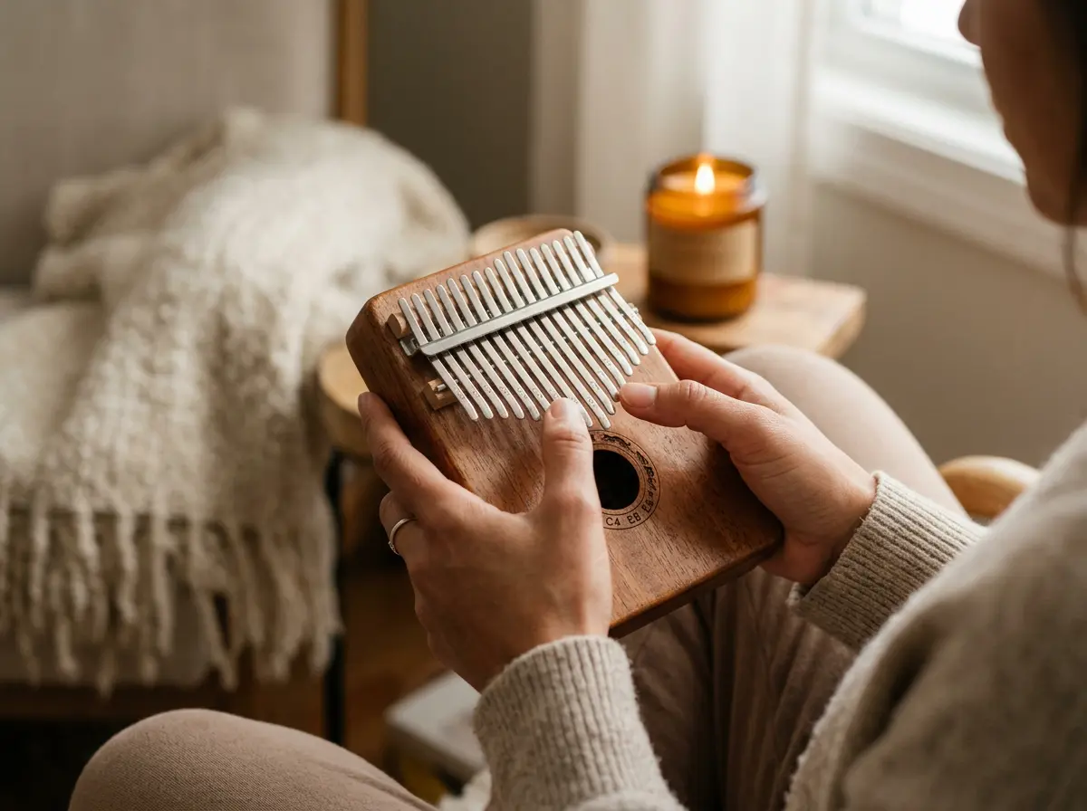 Person holding a kalimba in both hands, thumbs on the tines, relaxing during a quiet 5-minute mindfulness routine