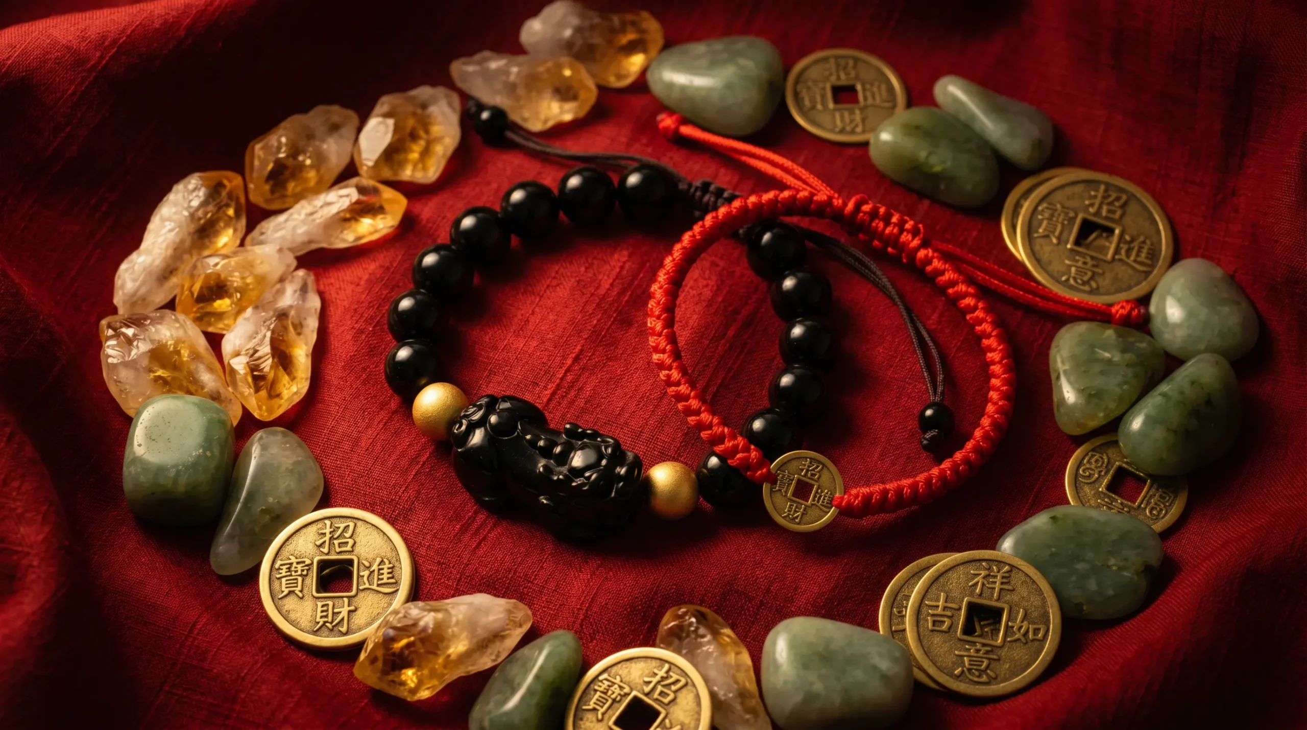 A black obsidian Pixiu charm bracelet and braided red string bracelet arranged alongside citrine crystals, green jade stones, and gold coin charms on rich vermilion red silk fabric, representing August 2026 Chinese zodiac protection and lucky colors.
