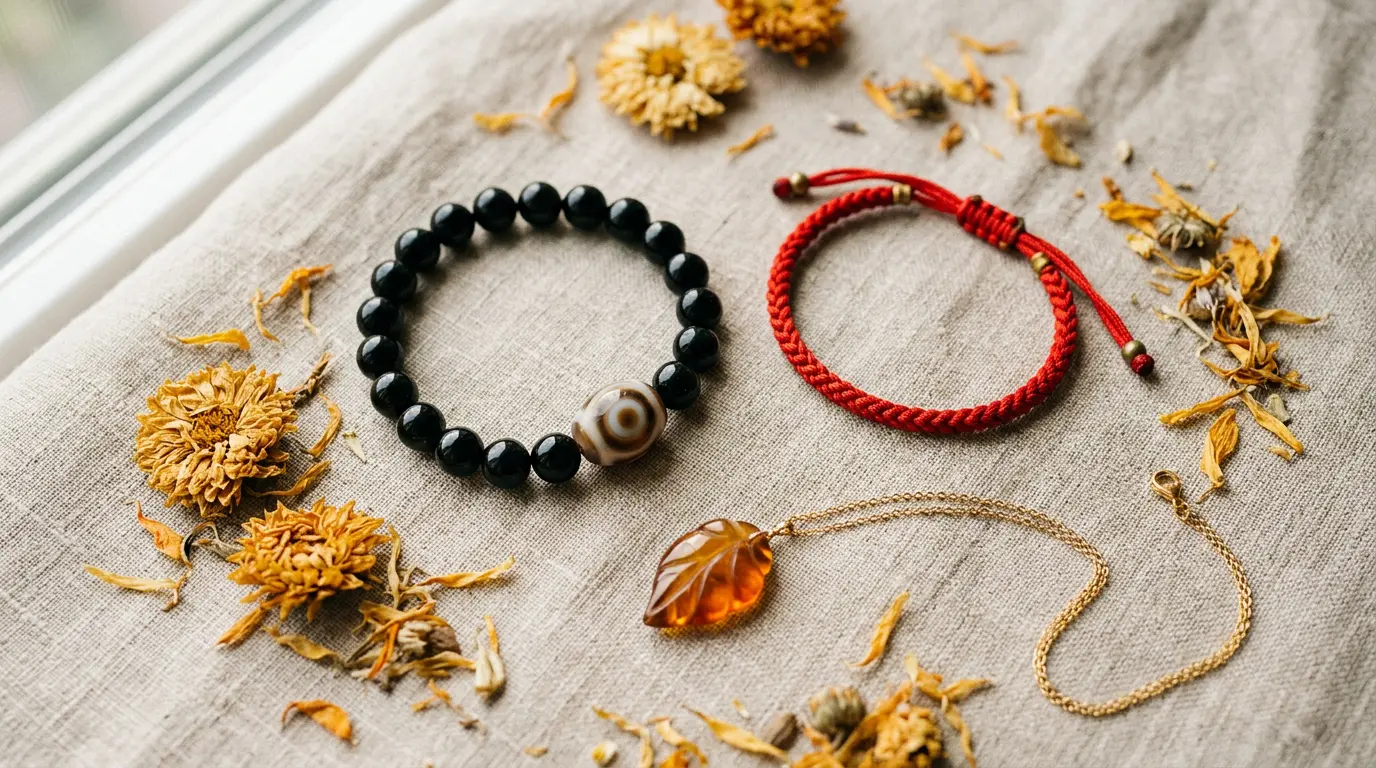 Black obsidian Pixiu bracelet, dzi bead, red string bracelet, and guardian Buddha pendant for the 2026 Fire Horse year