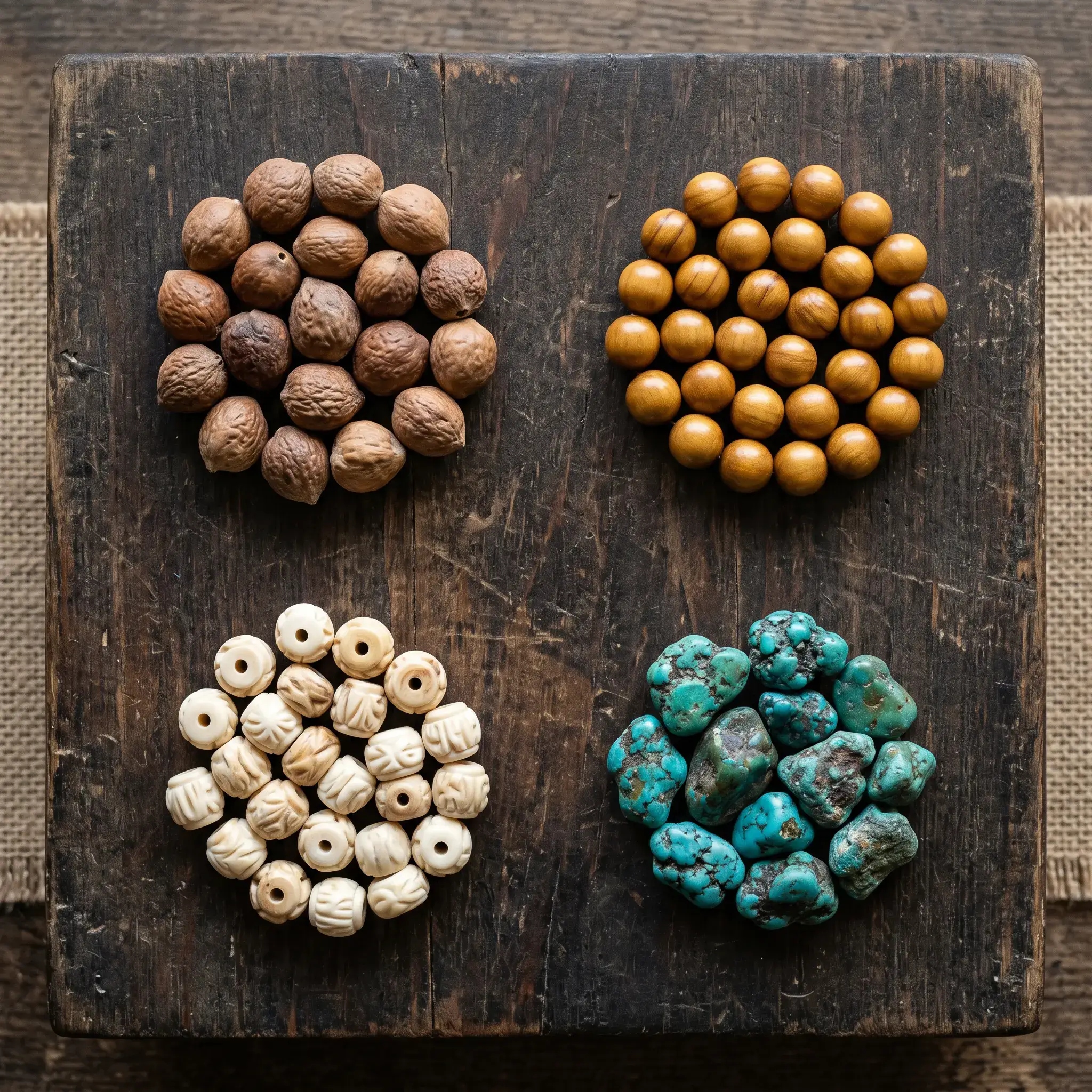 Flat lay of raw mala-making materials — bodhi seeds, sandalwood beads, yak bone beads, and turquoise stones