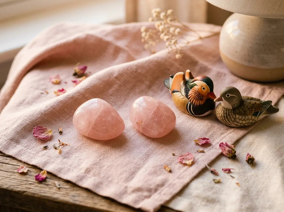 A pair of rose quartz crystals and mandarin duck figurines styled on a bedroom nightstand for love