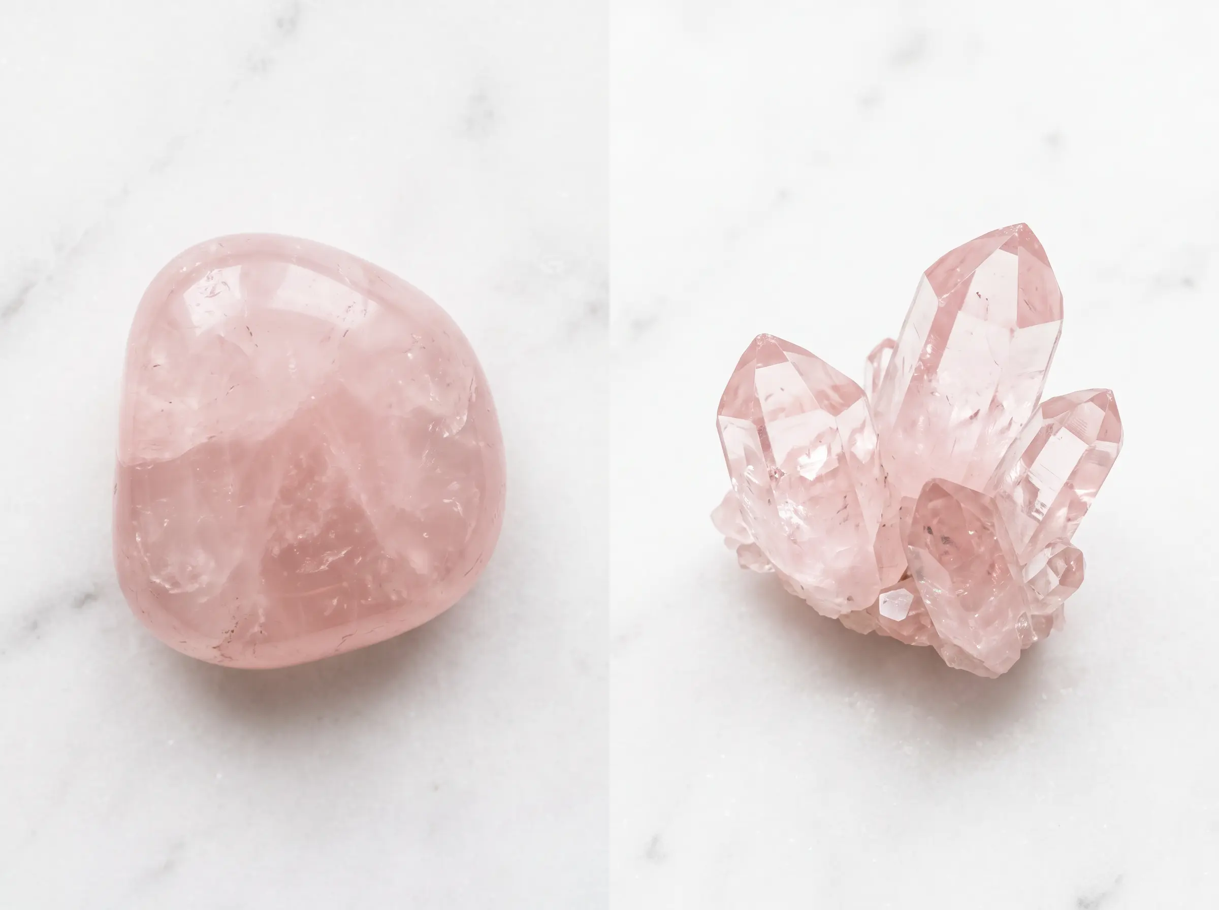 Side-by-side comparison of translucent cloudy rose quartz mass and transparent faceted pink quartz crystals on a white background