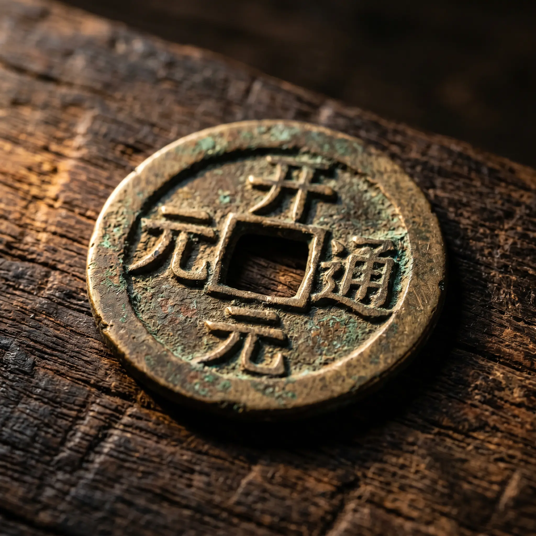 Close-up diagram of a Chinese coin showing the round outer shape representing Heaven and square center hole representing Earth