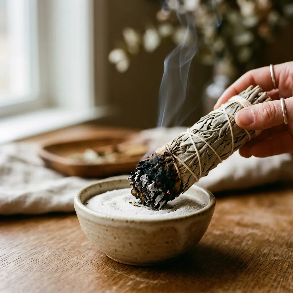 A partially burned white sage smudge stick being pressed gently into a small ceramic dish of white sand to extinguish it safely, with a thin trail of smoke fading upward