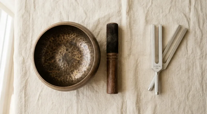Singing bowl and tuning fork side by side for sound healing A Tibetan bronze singing bowl beside a metal healing tuning fork on a neutral surface, showing the two main sound healing tools compared