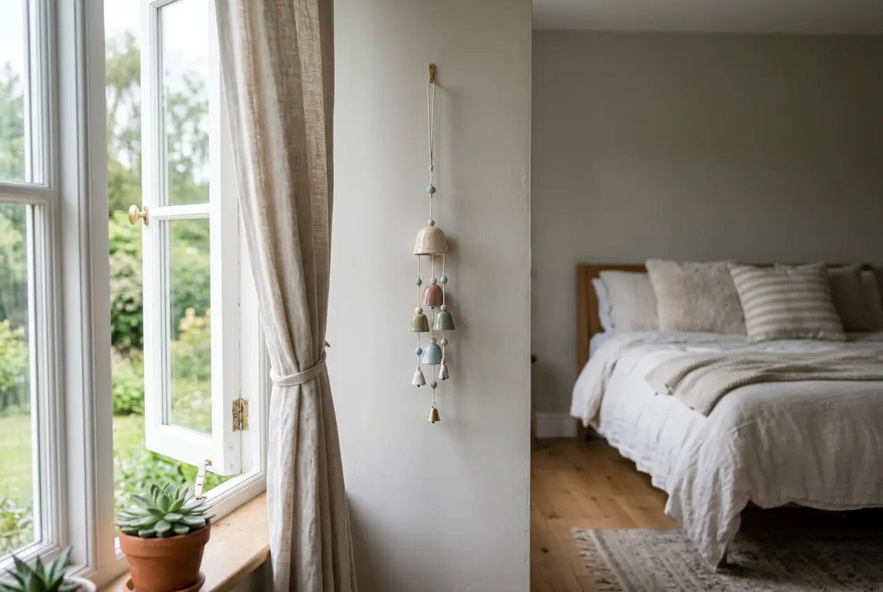 Small soft-toned ceramic wind chime placed near a bedroom window, away from the bed, for gentle feng shui