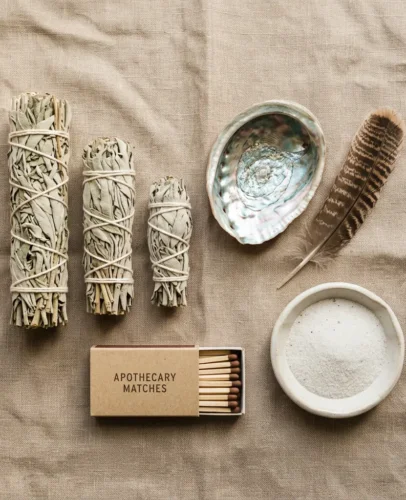Smudging Essentials_ White Sage, Abalone Shell & More A flat-lay of white sage smudge sticks, an abalone shell, a feather, matches, and a small dish of sand arranged on a neutral linen surface