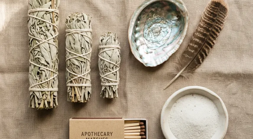 Smudging Essentials_ White Sage, Abalone Shell & More A flat-lay of white sage smudge sticks, an abalone shell, a feather, matches, and a small dish of sand arranged on a neutral linen surface