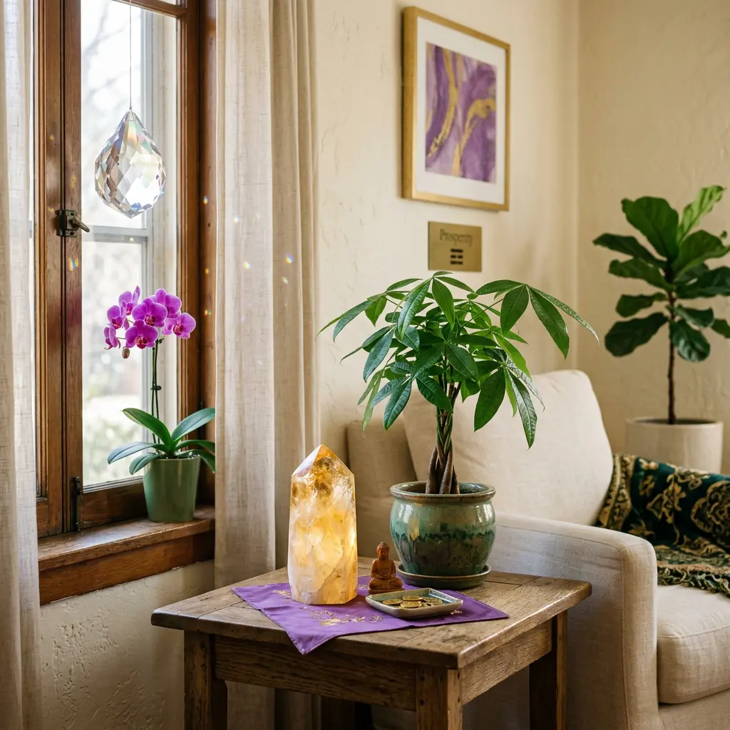 Feng shui wealth corner in southeast of living room with citrine crystal tower and money tree plant
