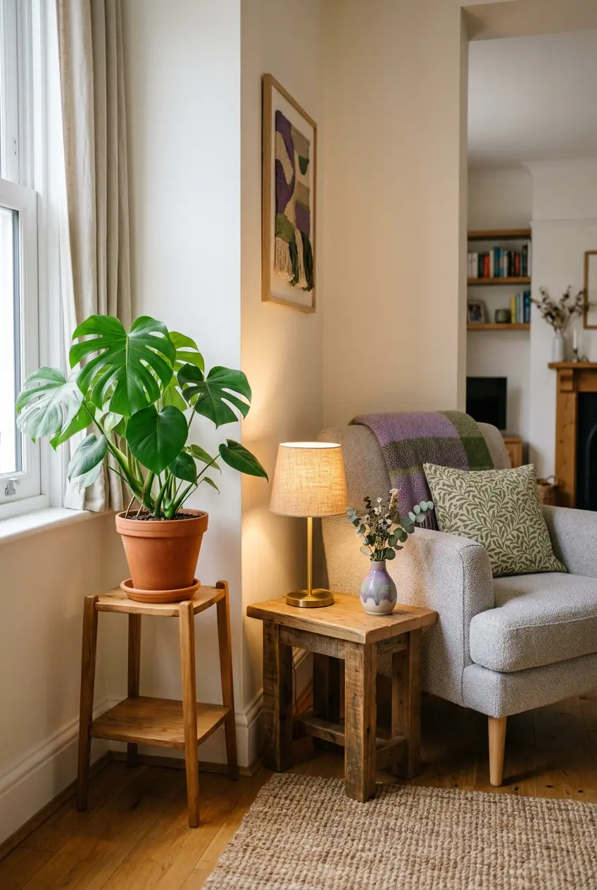 A tidy, well-lit southeast home corner with a healthy plant and a small meaningful object, representing an activated feng shui wealth corner