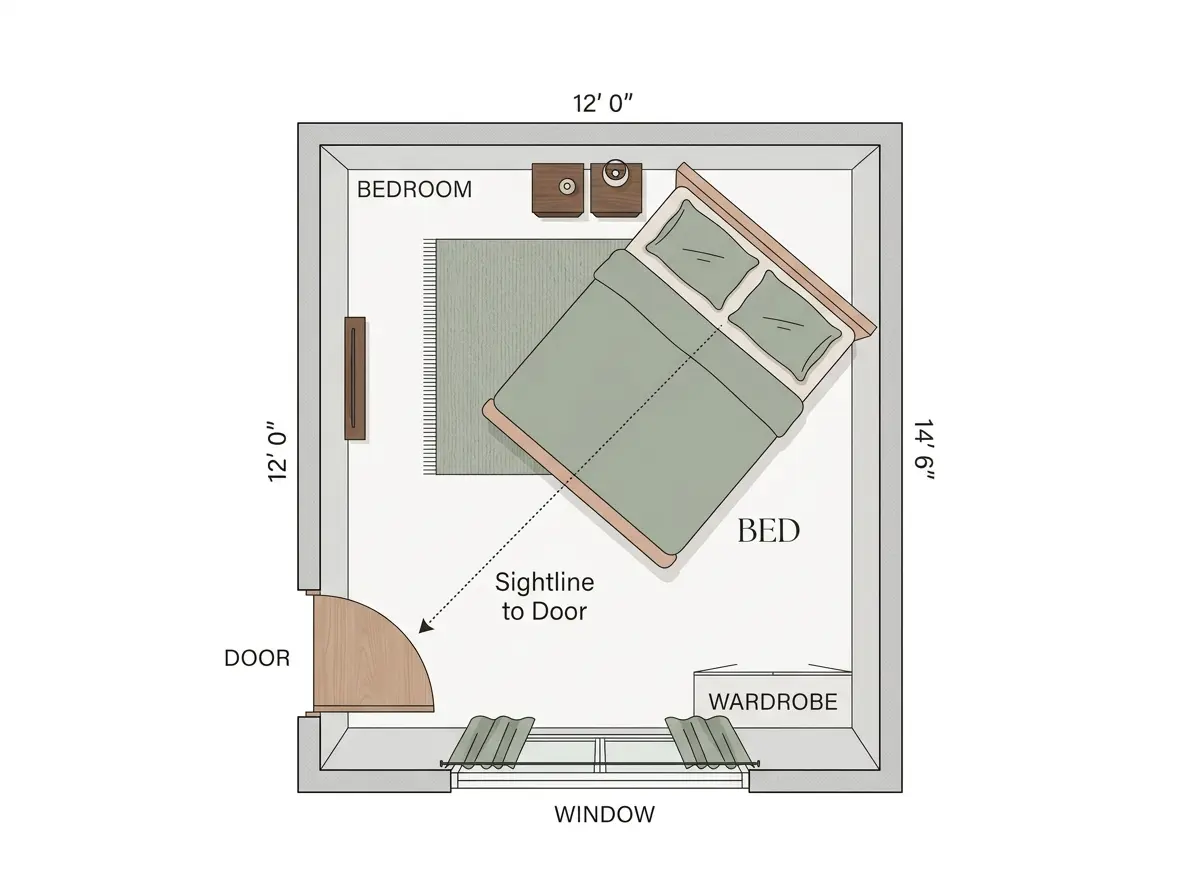 Simple top-down bedroom diagram comparing a bed in the commanding position to a bed in the coffin position facing the door