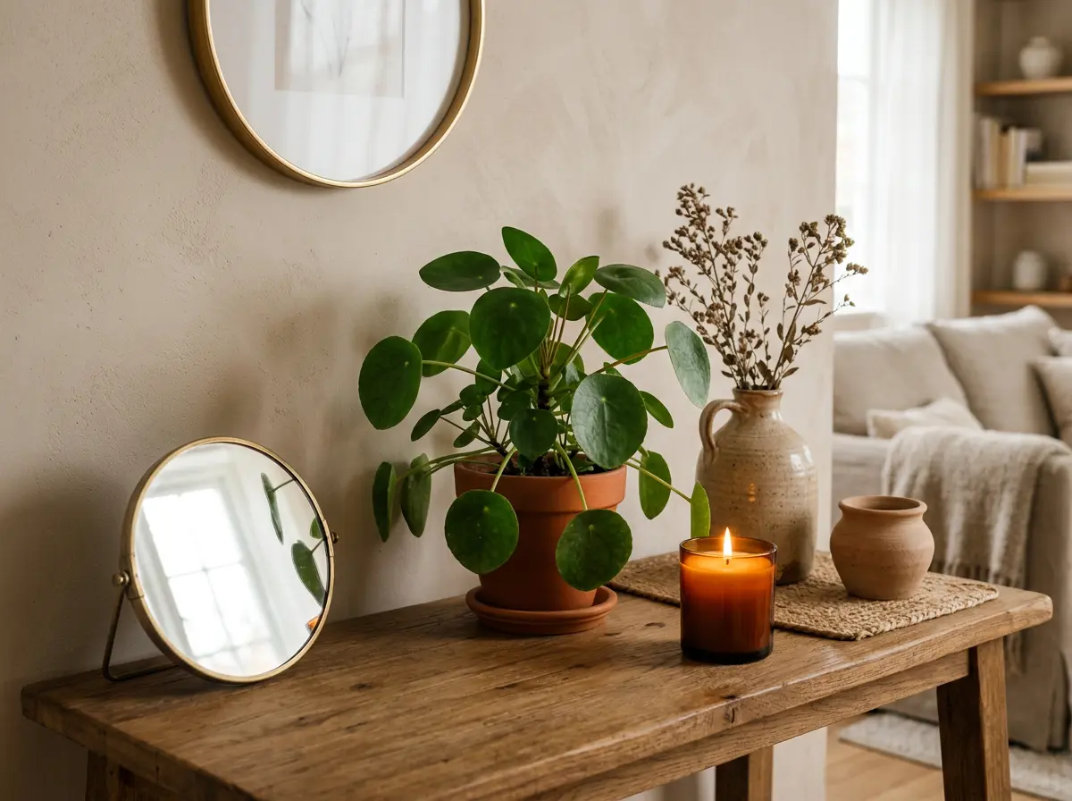 Living room decor showing the five feng shui elements: wood plant, fire candle, earth ceramics, metal frame, water mirror