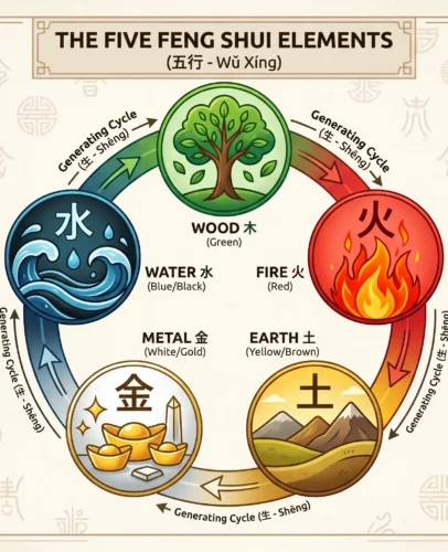 The Five Elements of Feng Shui Wood, Fire, Earth, Metal, Water Illustration of the five Feng Shui elements — Wood, Fire, Earth, Metal, and Water — arranged in a circular pattern