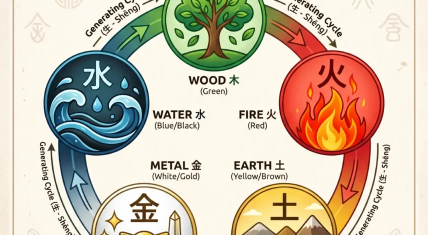 Illustration of the five Feng Shui elements — Wood, Fire, Earth, Metal, and Water — arranged in a circular pattern