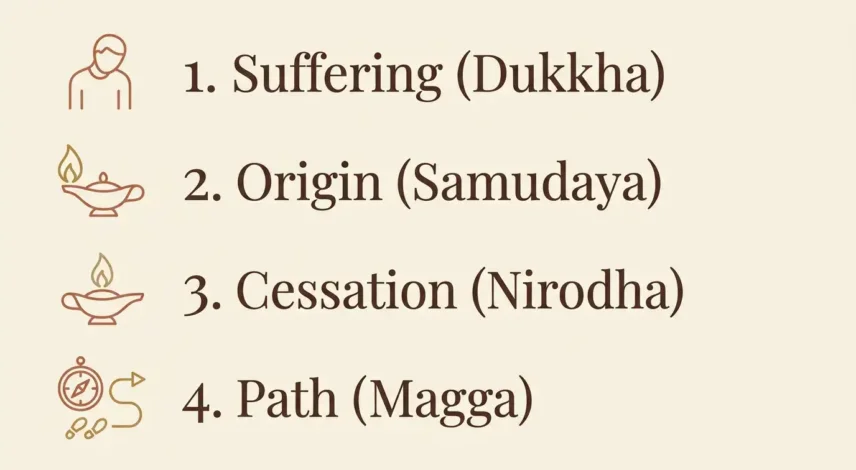 The Four Noble Truths Overview Infographic showing the four noble truths: suffering, its origin, its cessation, and the path