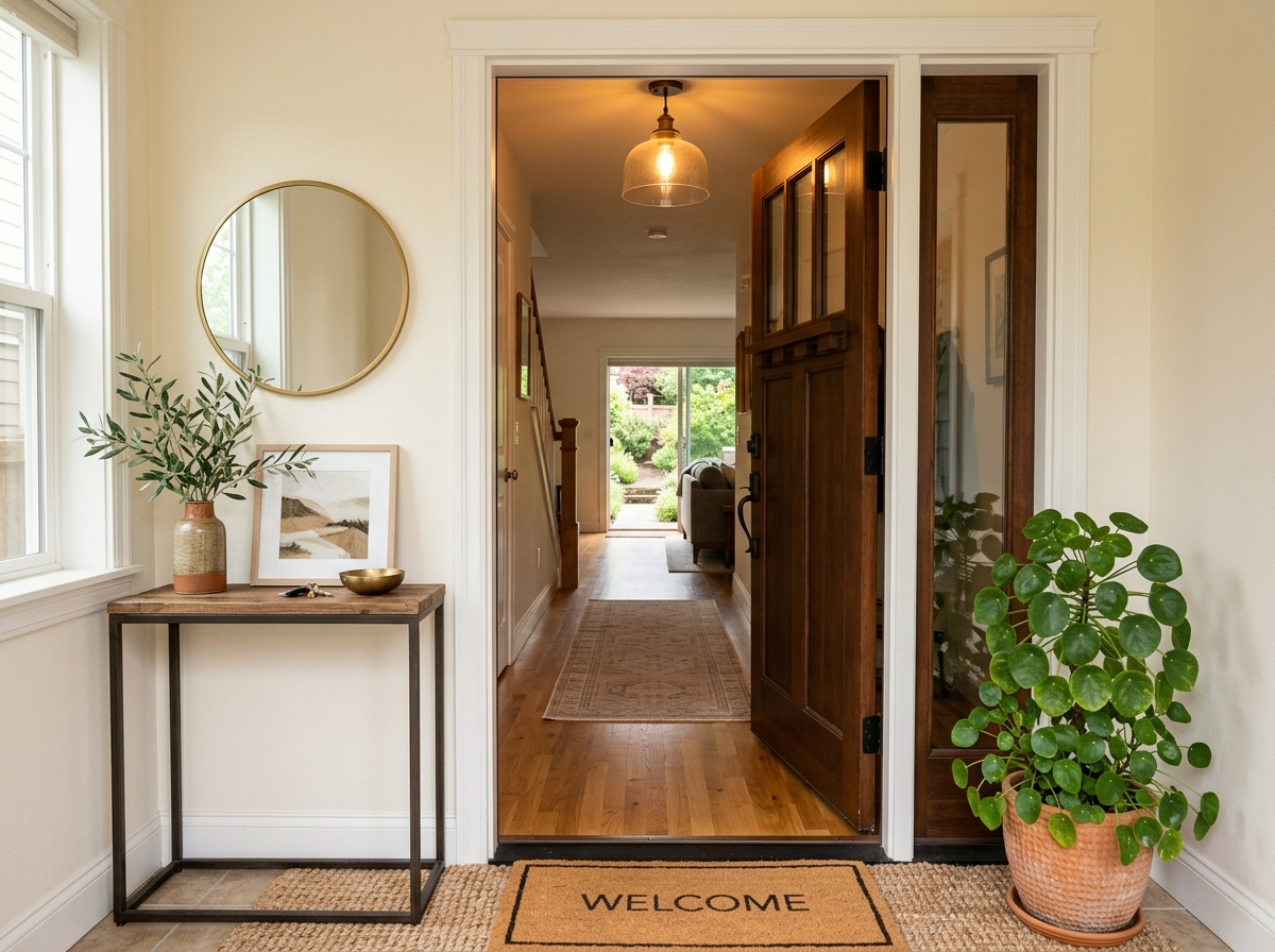Clean welcoming front entryway with an unobstructed door, warm lighting, and a small plant, illustrating good feng shui energy flow