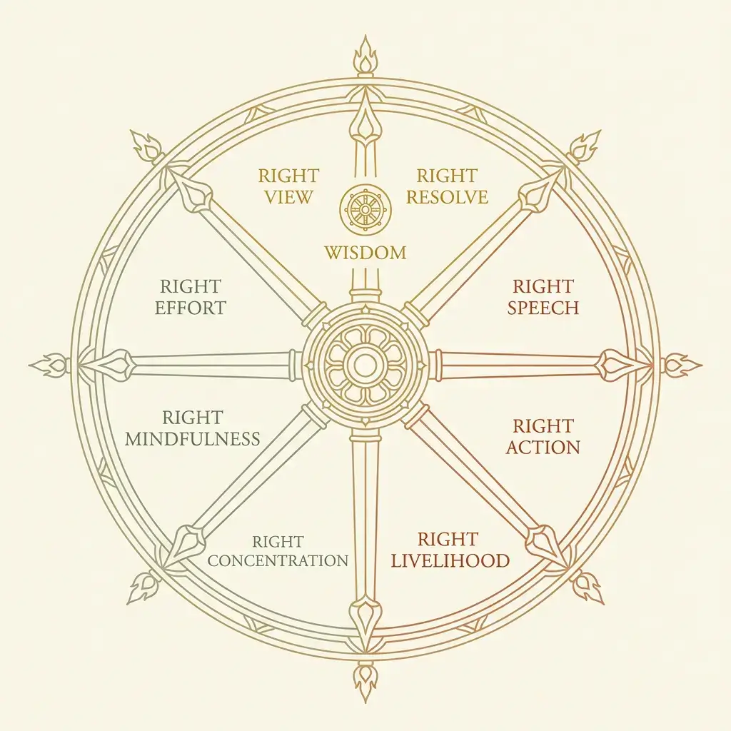 Diagram of the Noble Eightfold Path grouped into wisdom, ethical conduct, and mental discipline