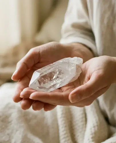 The Placebo Effect and Crystal Healing A person holding a clear quartz crystal in their palm with a soft, warm light — illustrating the emotional comfort crystals provide rather than proven medical healing.