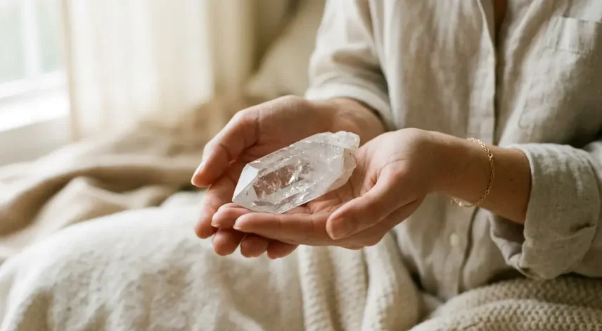 The Placebo Effect and Crystal Healing A person holding a clear quartz crystal in their palm with a soft, warm light — illustrating the emotional comfort crystals provide rather than proven medical healing.