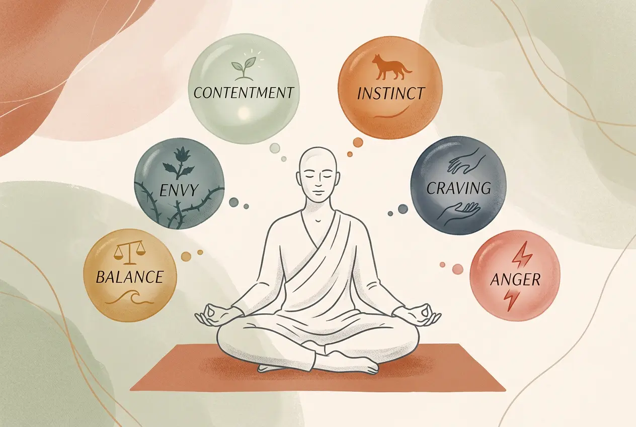 Illustration comparing the six Buddhist realms to everyday human emotional states such as pride, jealousy, craving, and anger