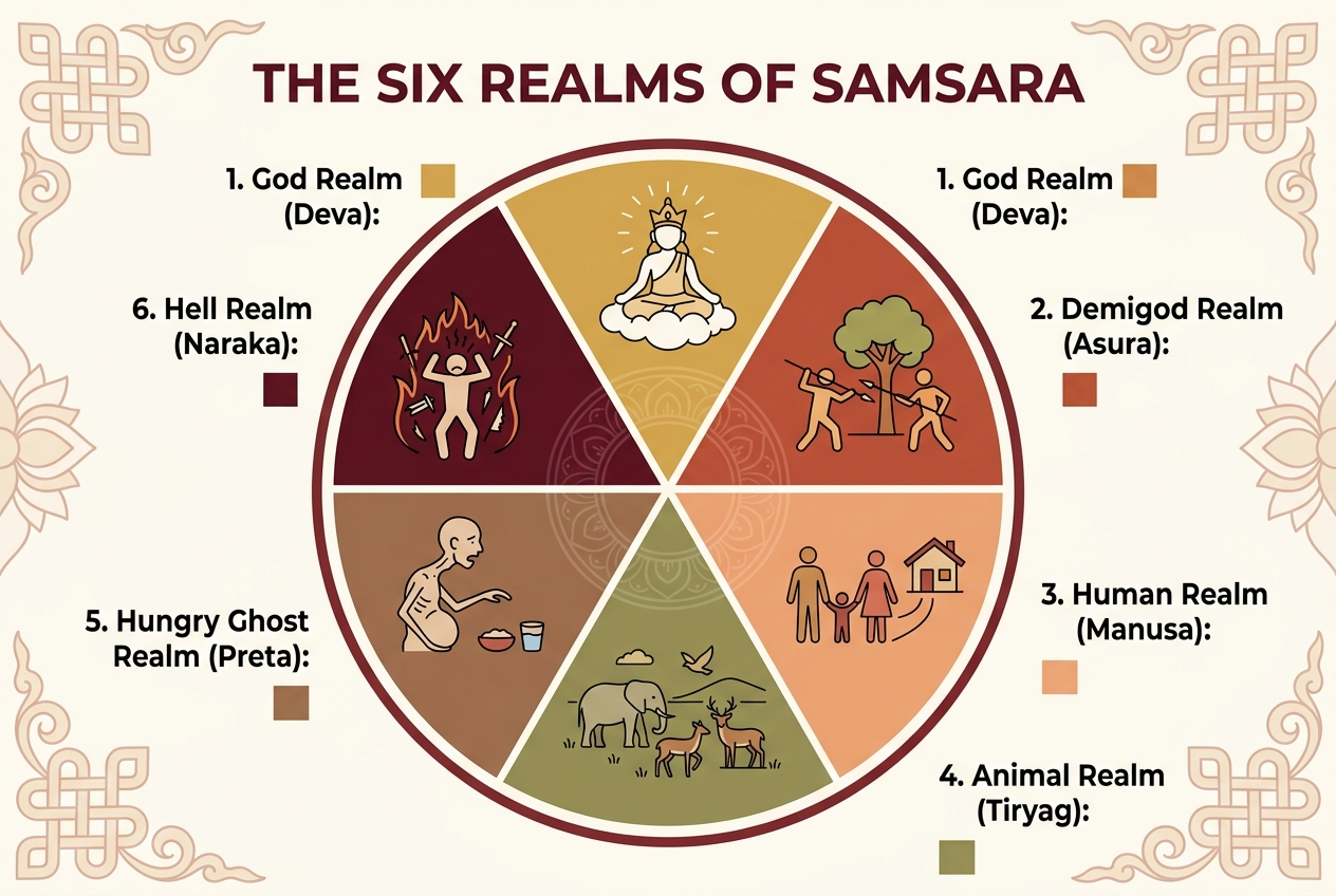 Circular diagram of the six realms of samsara showing god, demigod, human, animal, hungry ghost, and hell realms with their ruling mental poisons