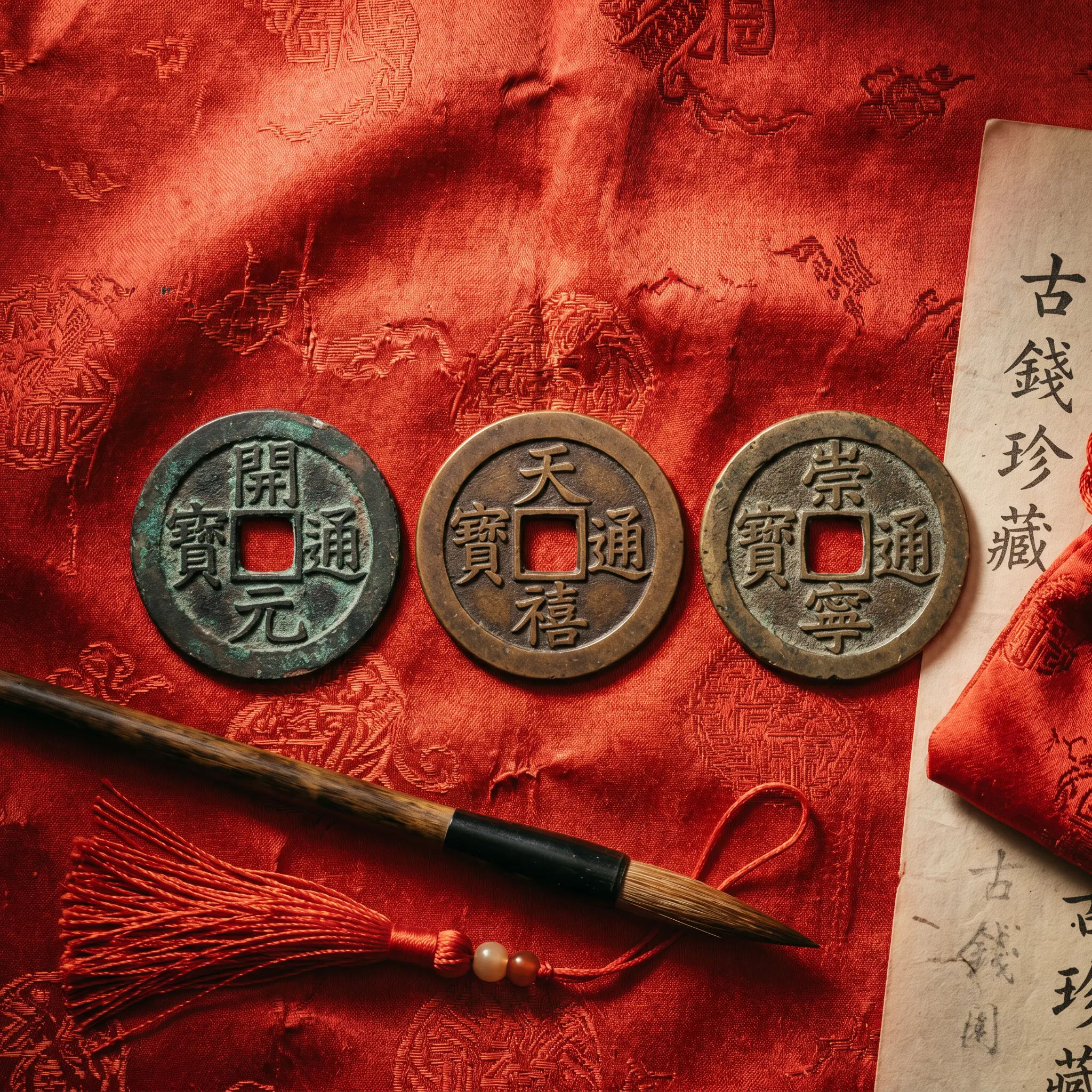 Set of three antique Chinese Qing dynasty emperor coins from Qianlong, Jiaqing, and Daoguang reigns arranged together