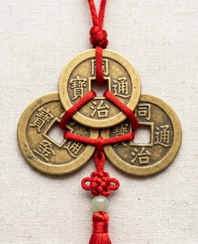 Three Feng Shui Coins on Red String Three Chinese feng shui coins tied together on a red string representing the trinity of Heaven, Earth, and Humanity