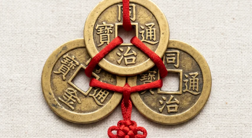 Three Feng Shui Coins on Red String Three Chinese feng shui coins tied together on a red string representing the trinity of Heaven, Earth, and Humanity