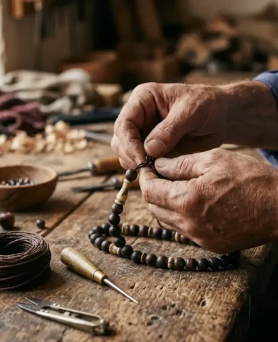 Tibetan Mala Workshop Hand-Knotting Himalayan artisan hand-knotting a wooden 108-bead Tibetan mala on a workshop bench