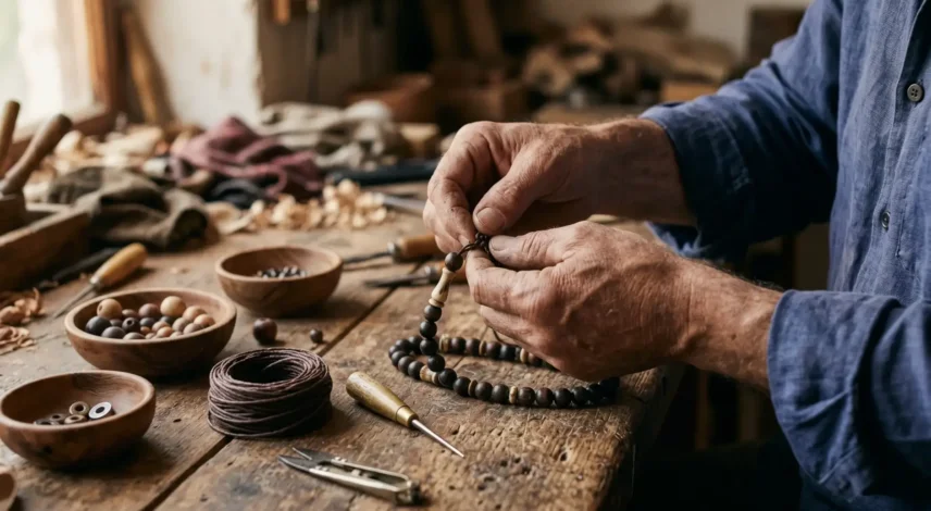 Tibetan Mala Workshop Hand-Knotting Himalayan artisan hand-knotting a wooden 108-bead Tibetan mala on a workshop bench