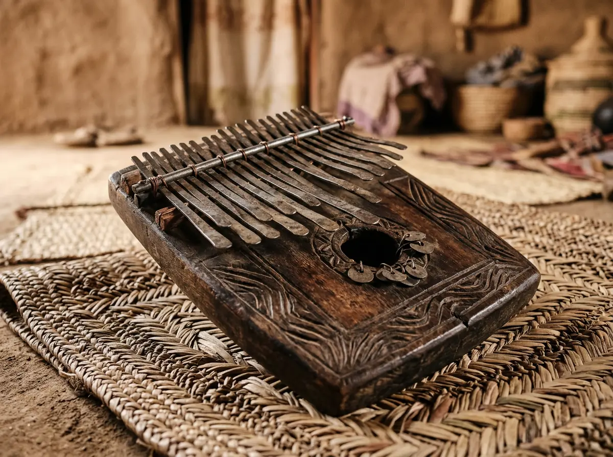 Traditional African mbira, the ancestor of the modern kalimba, with wooden body and metal keys reflecting Shona cultural heritage