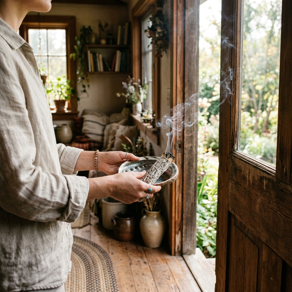 A person holding a smoldering white sage bundle and an abalone shell, guiding smoke along a wooden doorframe in a softly lit home interior