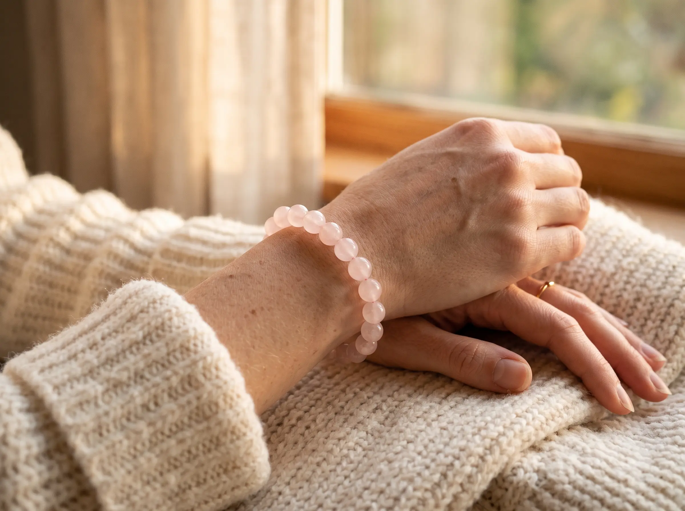 A woman's left wrist wearing a beaded rose quartz bracelet, resting gently on a light knit sweater in warm natural light