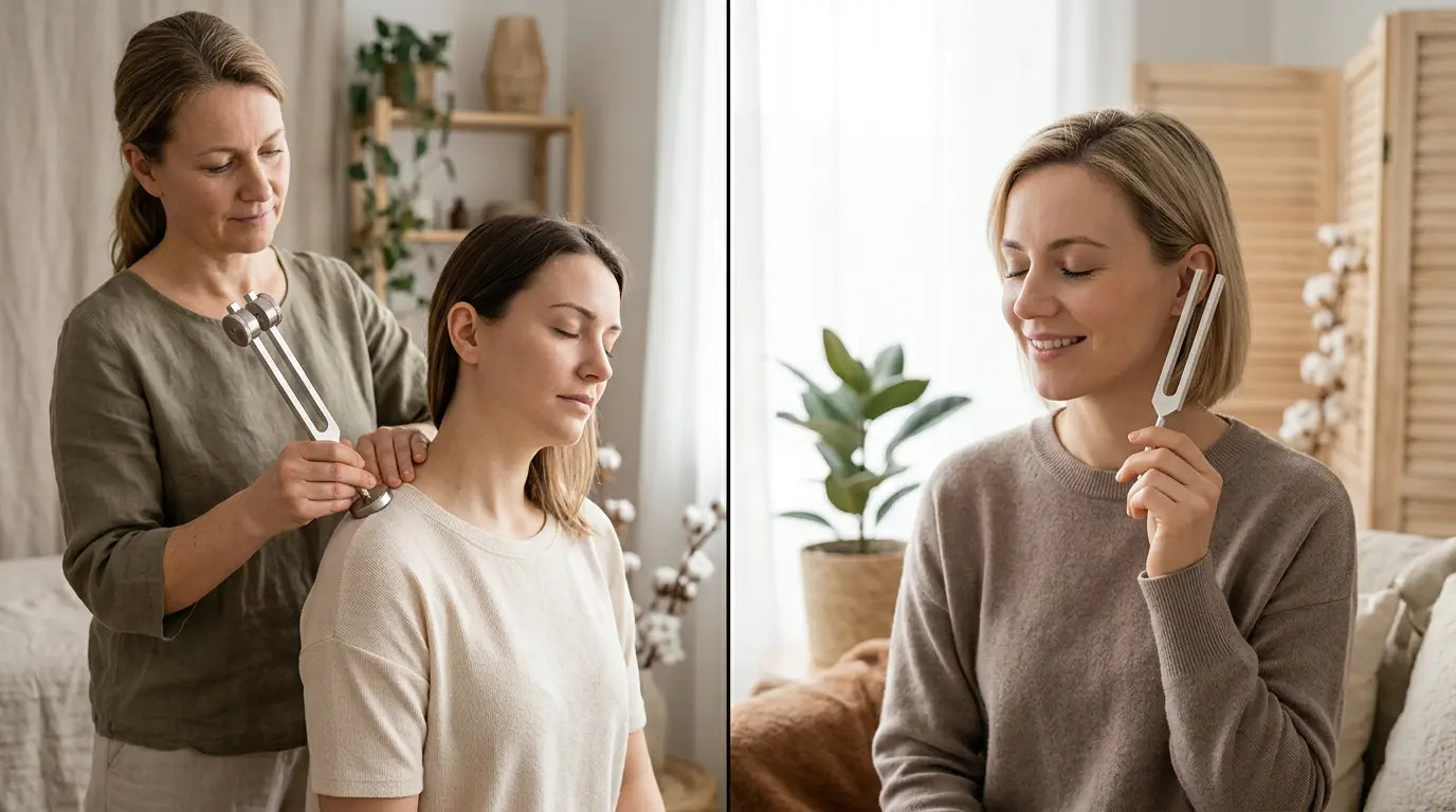 A weighted healing tuning fork applied to the shoulder and an unweighted tuning fork held near the head, showing on-body and off-body sound therapy use