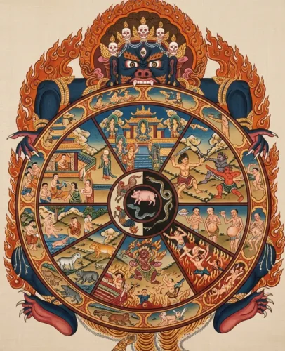 Wheel of Life Thangka Showing the Six Realms of Existence Traditional Tibetan Bhavachakra thangka depicting the six realms of existence within the Wheel of Life