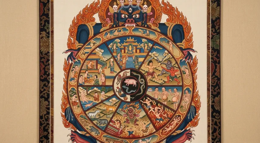 Wheel of Life Thangka Showing the Six Realms of Existence Traditional Tibetan Bhavachakra thangka depicting the six realms of existence within the Wheel of Life