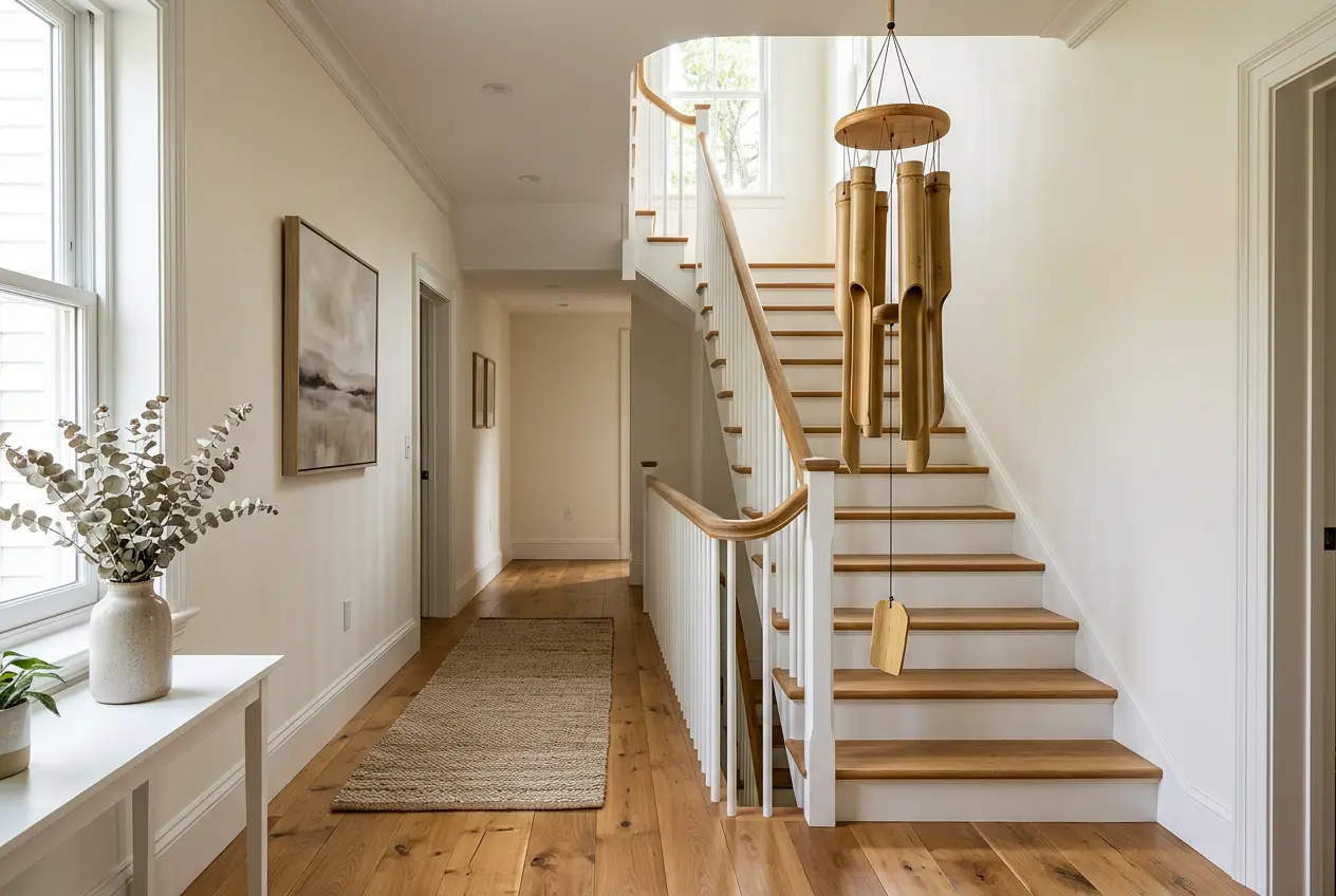 Bamboo wind chime hanging at the top of an interior staircase to slow rushing energy in a long hallway
